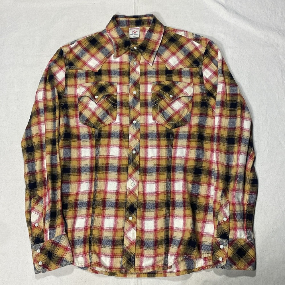 True Religion Shirt Adult 3XL Yellow Brown Plaid Western Pearl Snap Long Sleeve